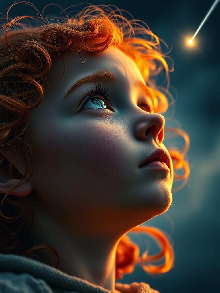 fille aux  cheveux roux bouclés levant les yeux vers une étoile filante