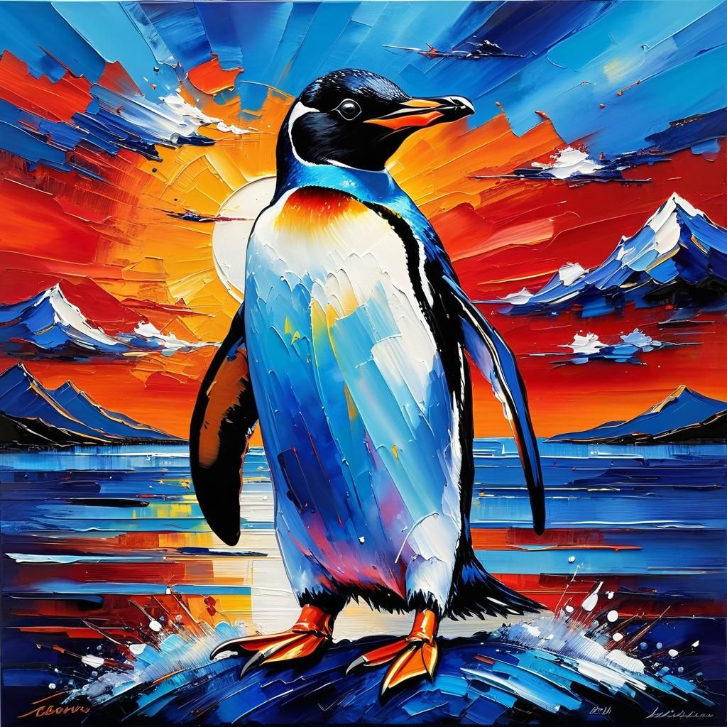 Encaustic Penguin with Palette Knife Sky