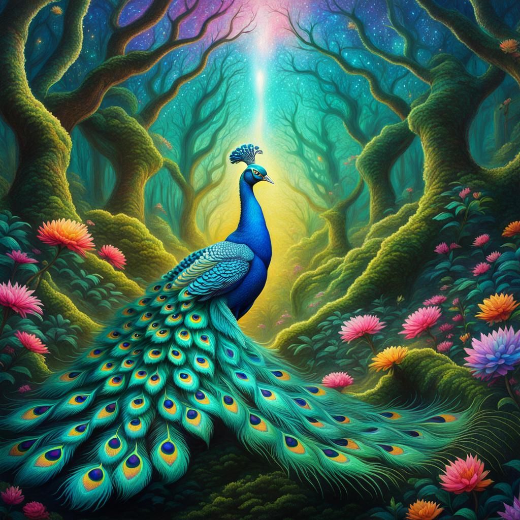 Peacocks Flying Through a Forest in Astral Style