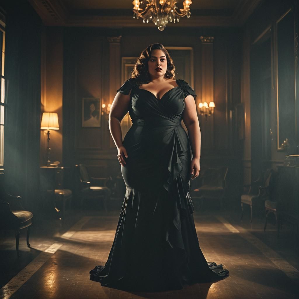 Plus Size Woman in Black Dress: Film Noir Portrait