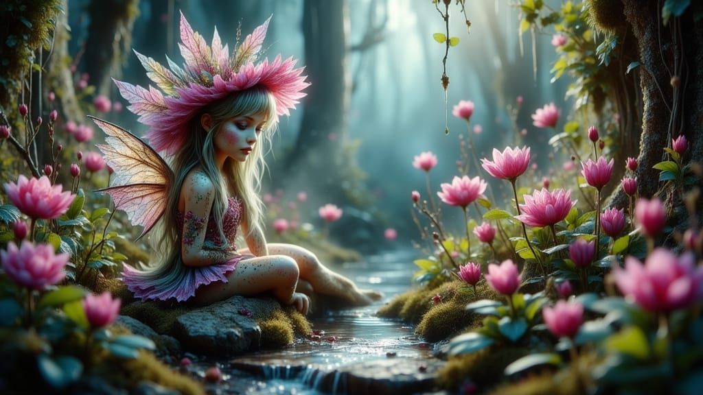 Fairy in a Glass Garden with Fantasy Flowers
