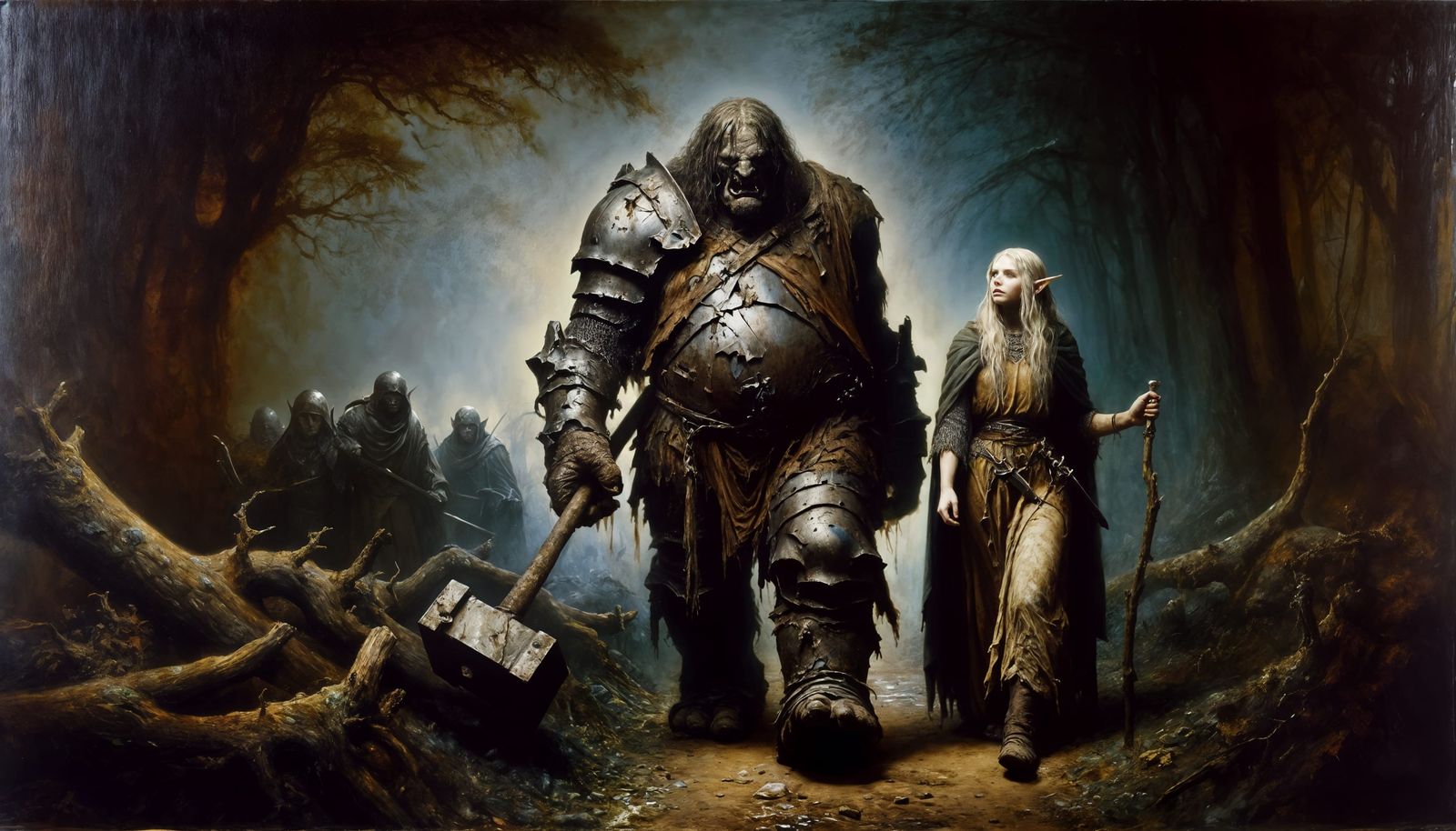 Ogre and Elf Journey Through Dark Renaissance Forest