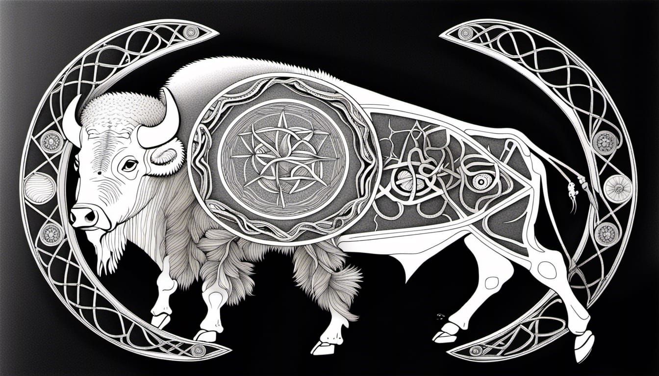 Bison Technical Diagram with Celtic and Druidic Elements
