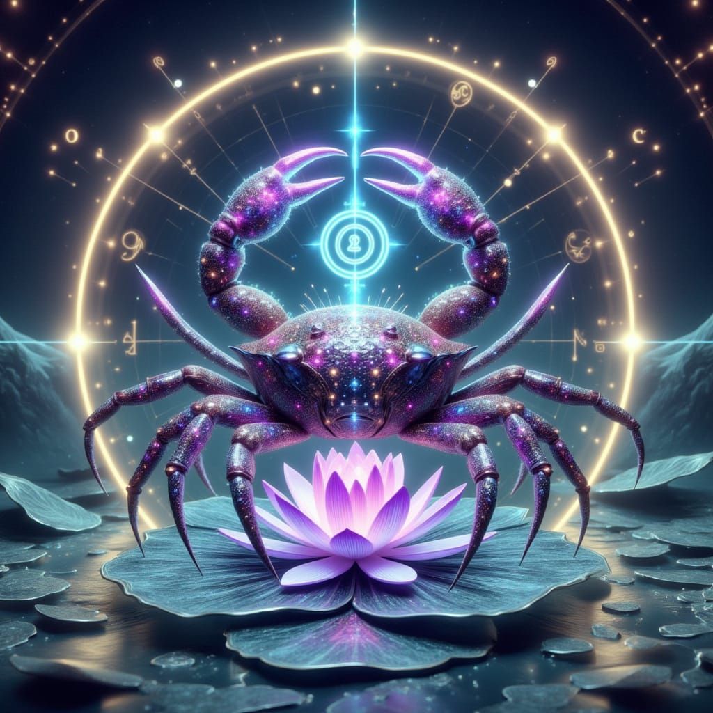 Cancer Zodiac Crab Sits Serenely on a Lotus Flower