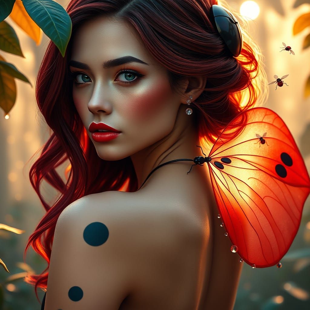 Ethereal Goddess with Ladybug-Inspired Beauty