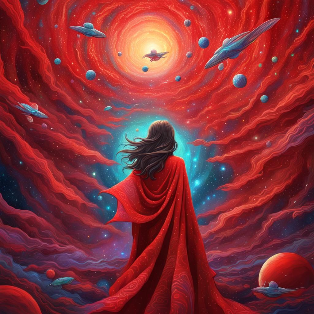 Girl's Flying Red Shawl: Astral Cosmic Illustration