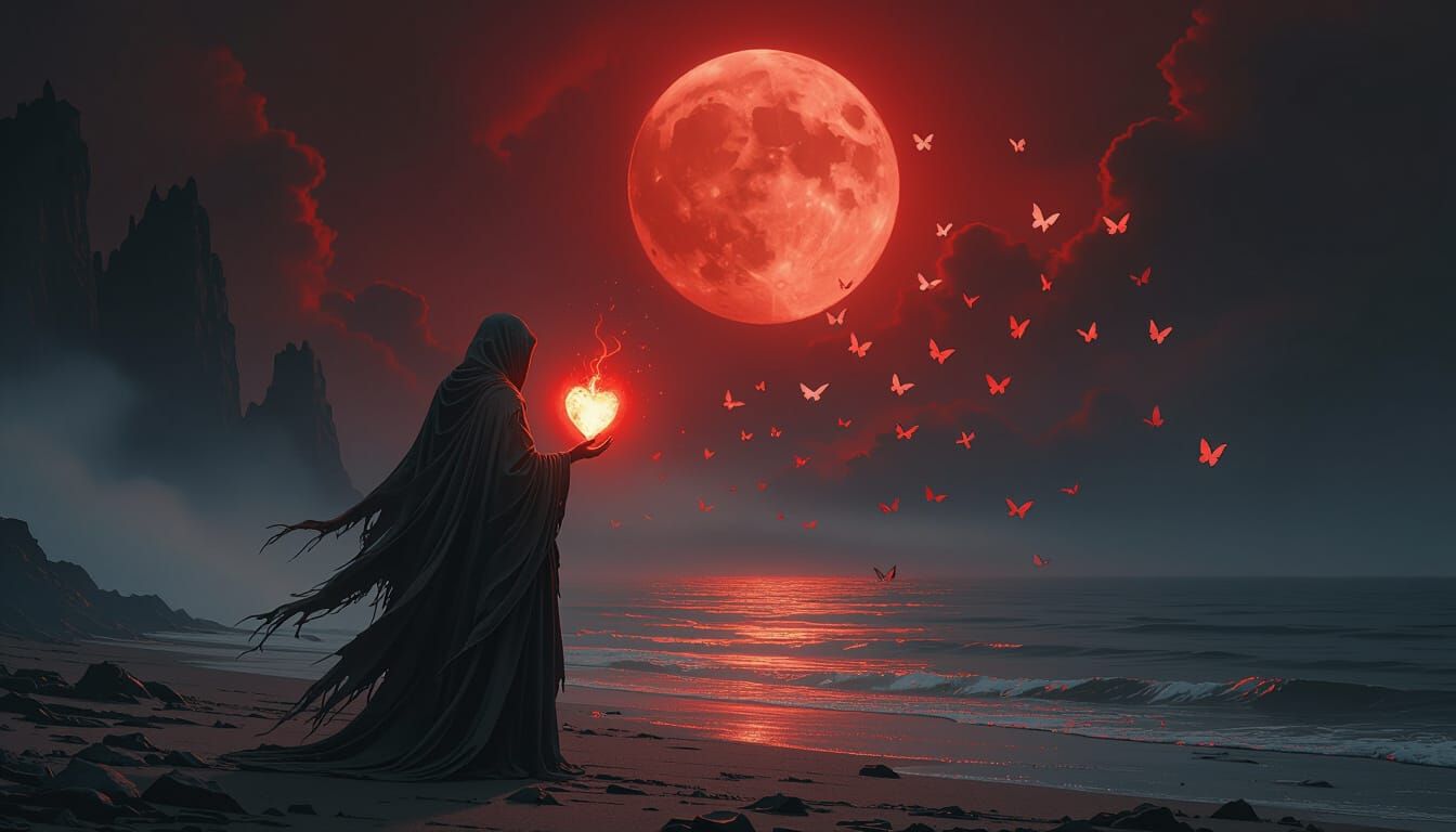 Ethereal Figure with Glowing Heart Under Red Moon