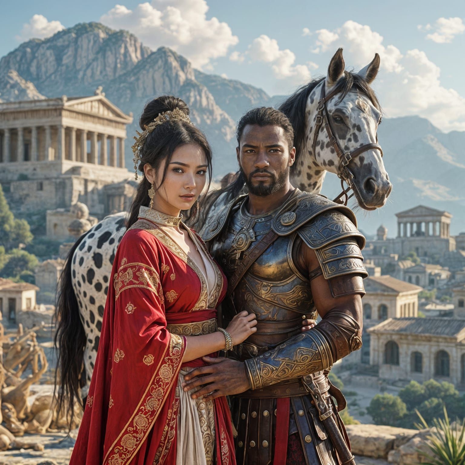 Asian Woman Held by African Warrior in Ancient Greece with S...