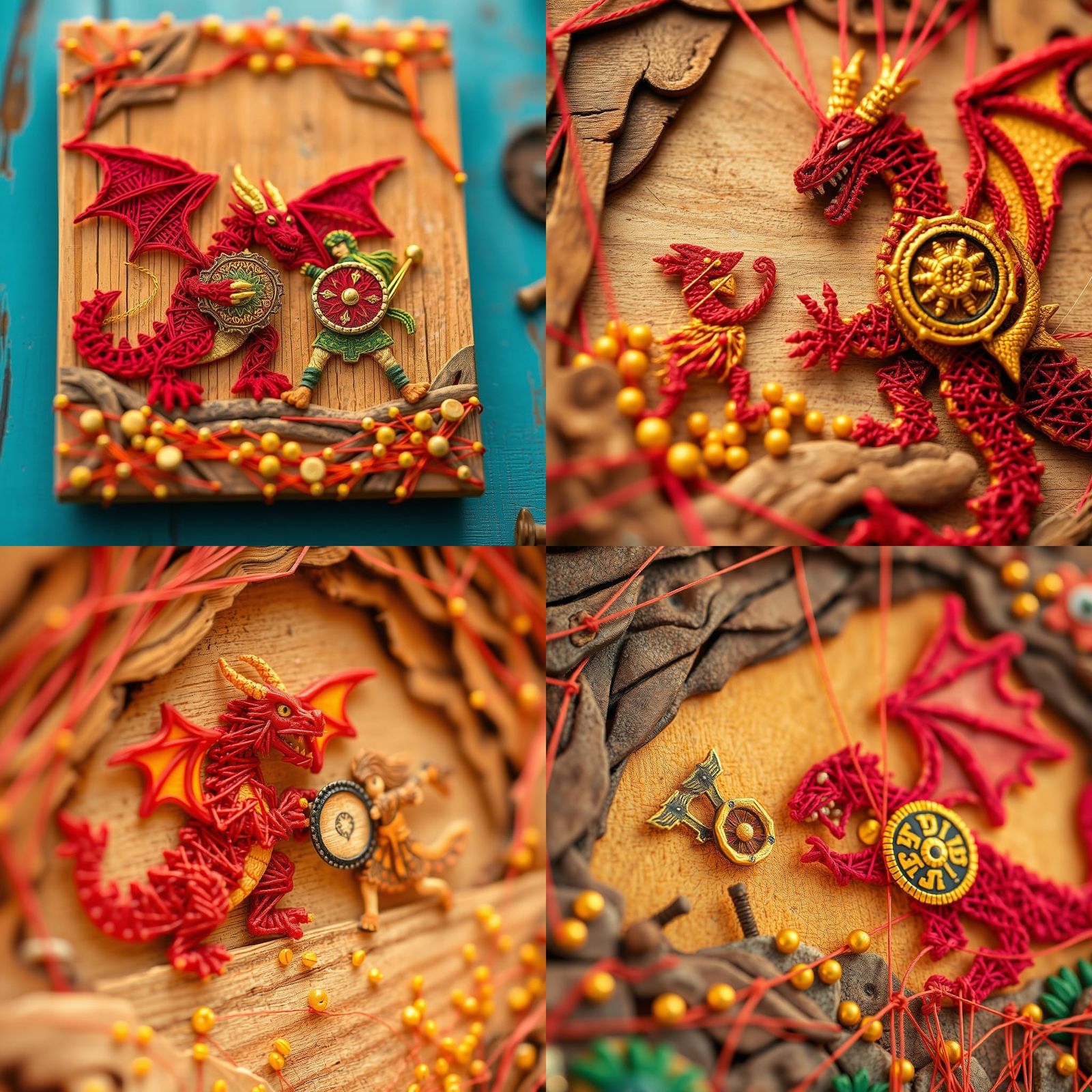 Red Dragon Battle: Whimsical String Art Illustration