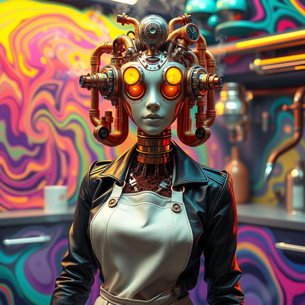Coffee Maker Robot in Psychedelic Kitchen