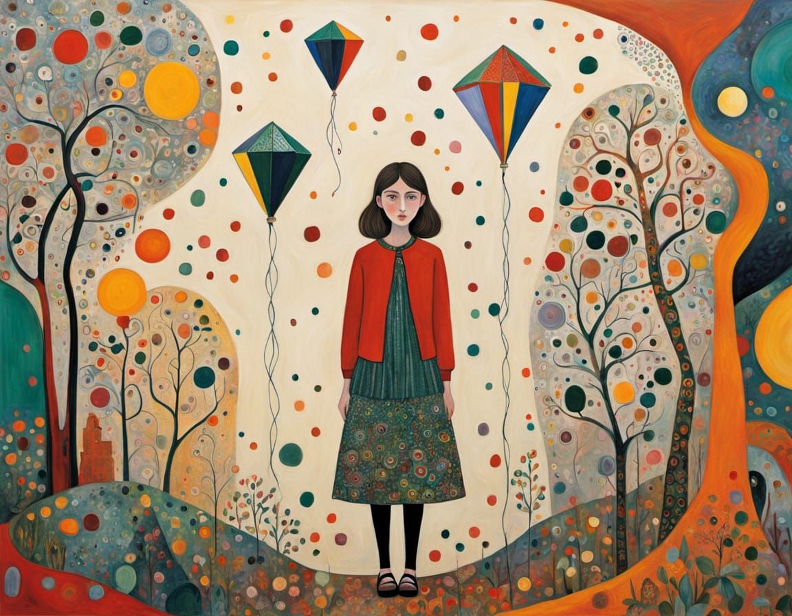 Stylized Girl with Kite in Surreal Fresco Style