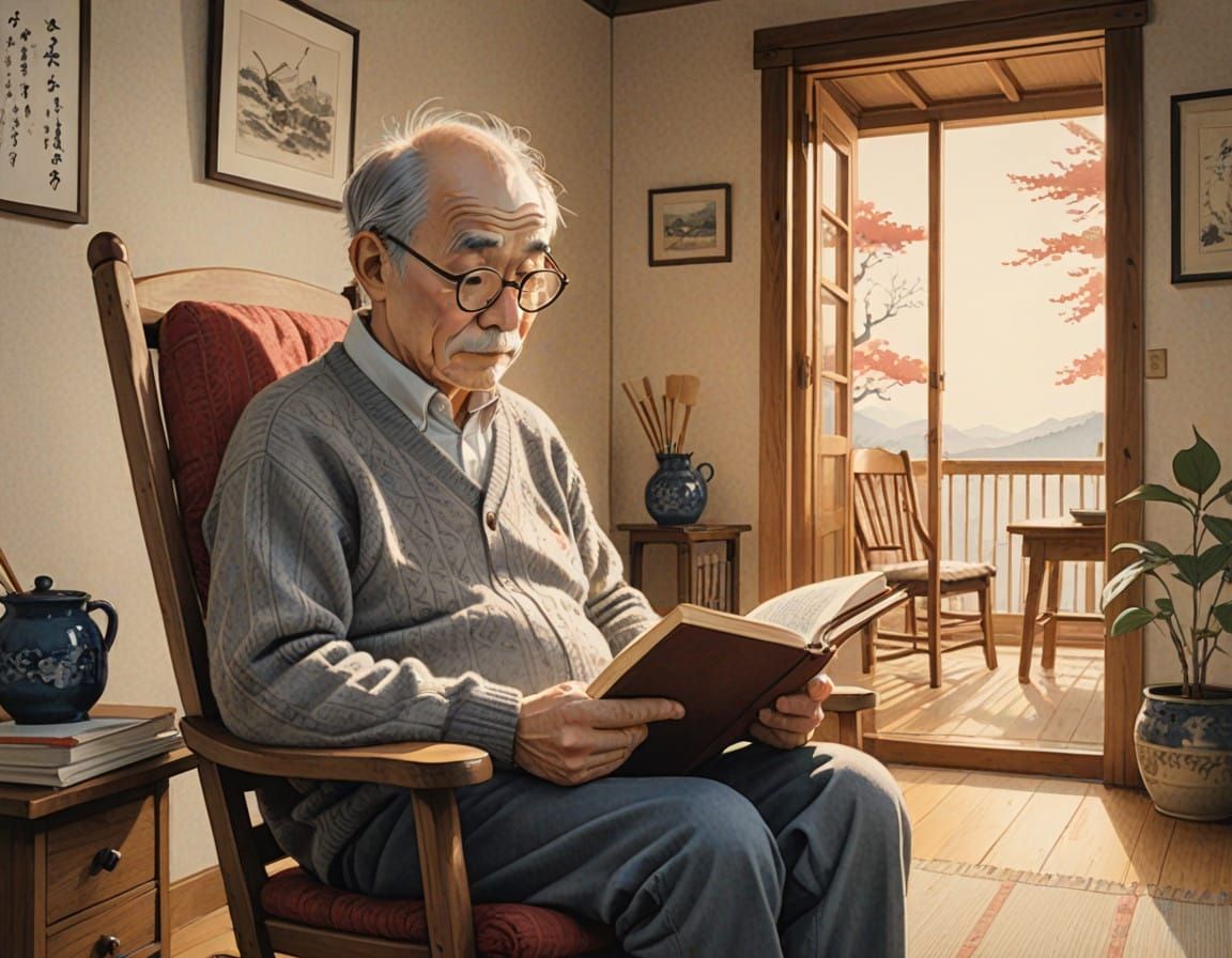 Mouse in a Cozy Morning Scene, Minimalist Ink Painting