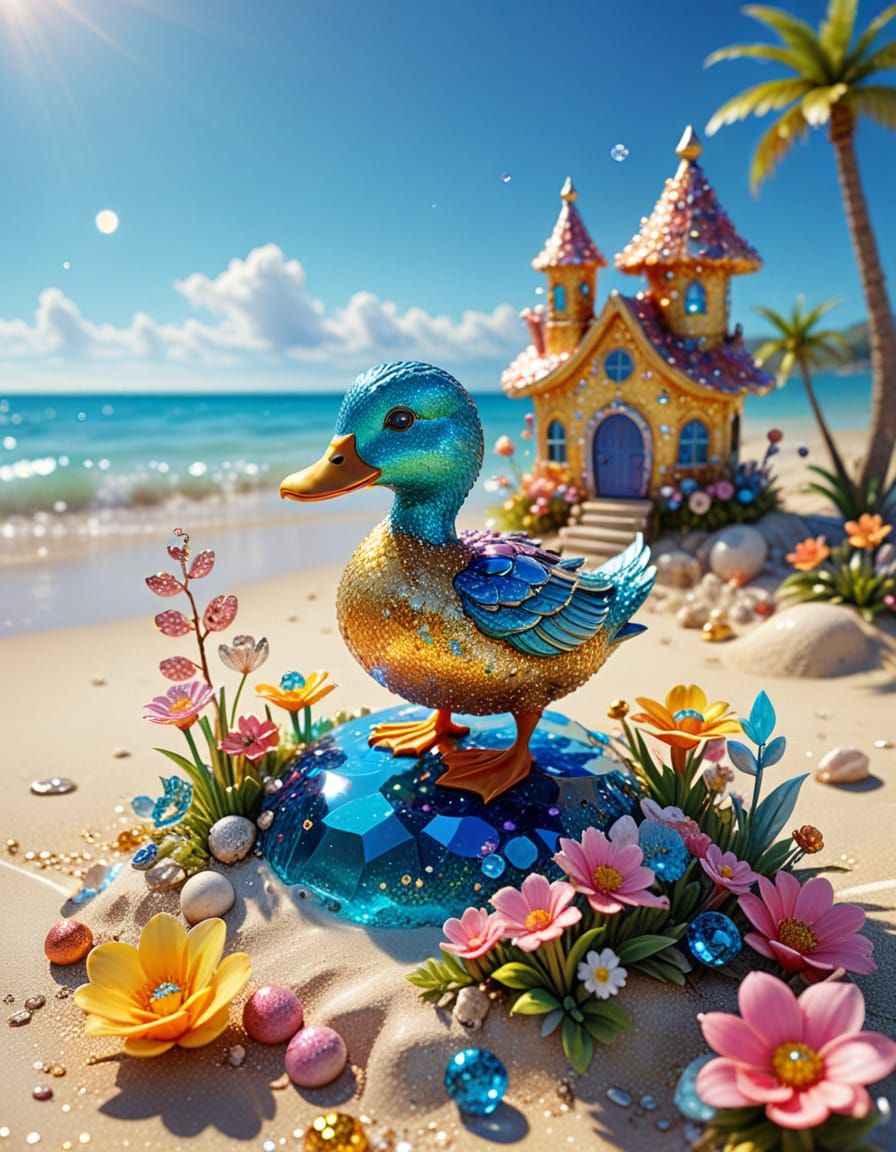 Whimsical Duck Sculpture on a Fairy Beach