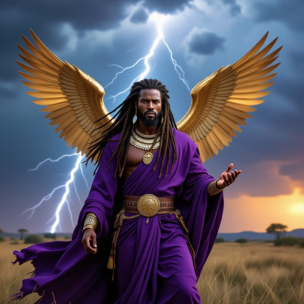 African Warrior God with Gold Wings Before Tornado