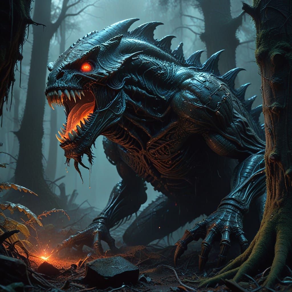 Hyperrealistic Cinematic Monster Devours Tree in Alien Lands...