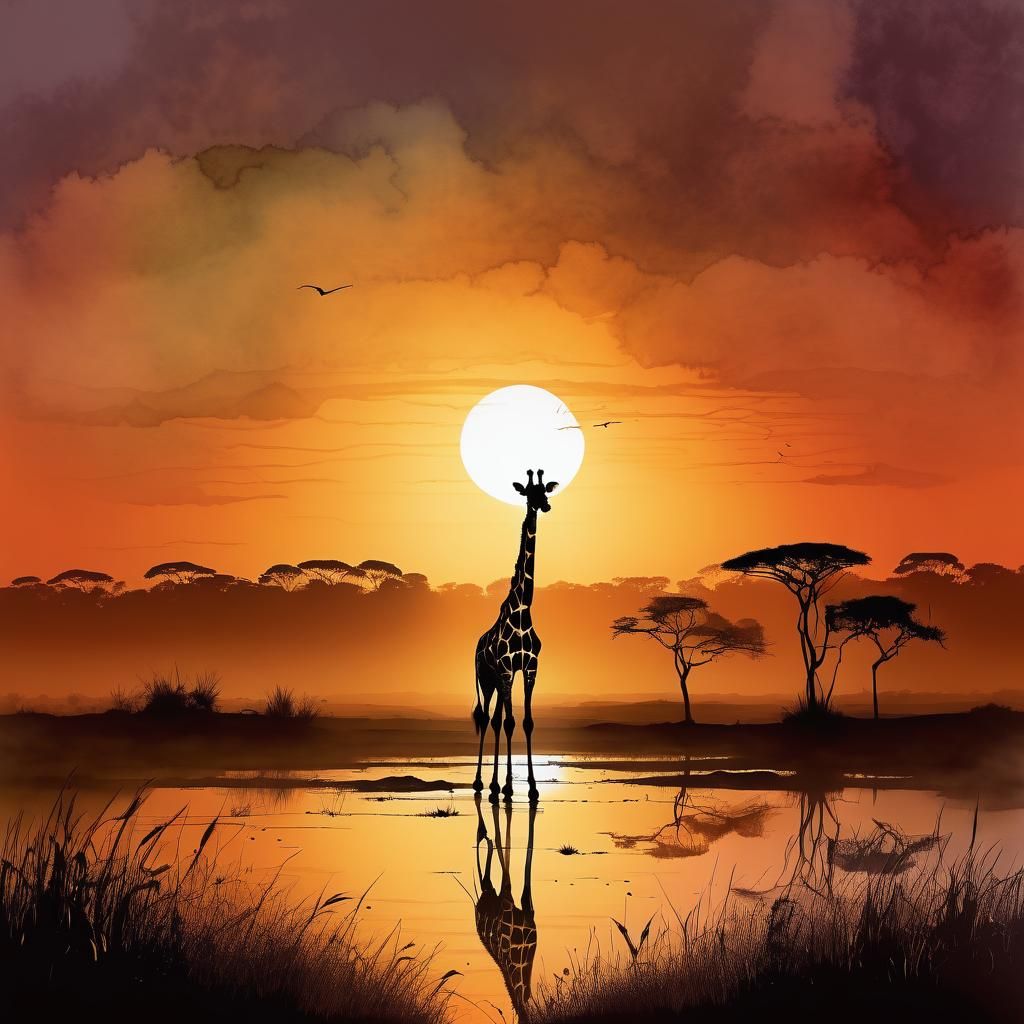 Surreal Giraffe Roams Moody Watercolor Savannah