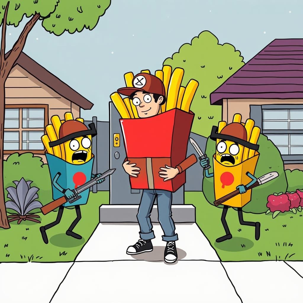 Porch Pirates Steal Package in Whimsical Suburban Scene