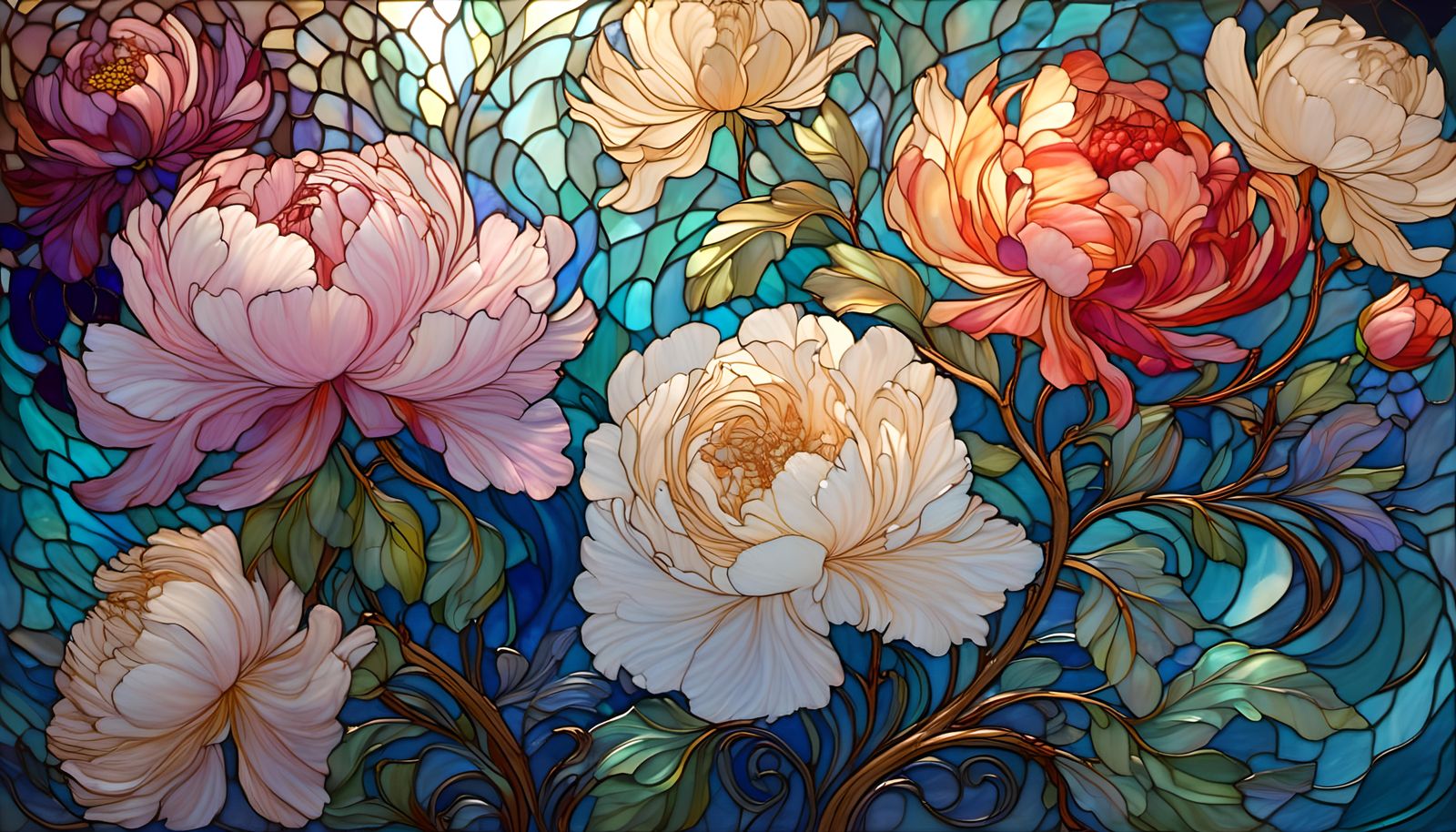 Goddess in Flowing Liquid Peony Stained Glass