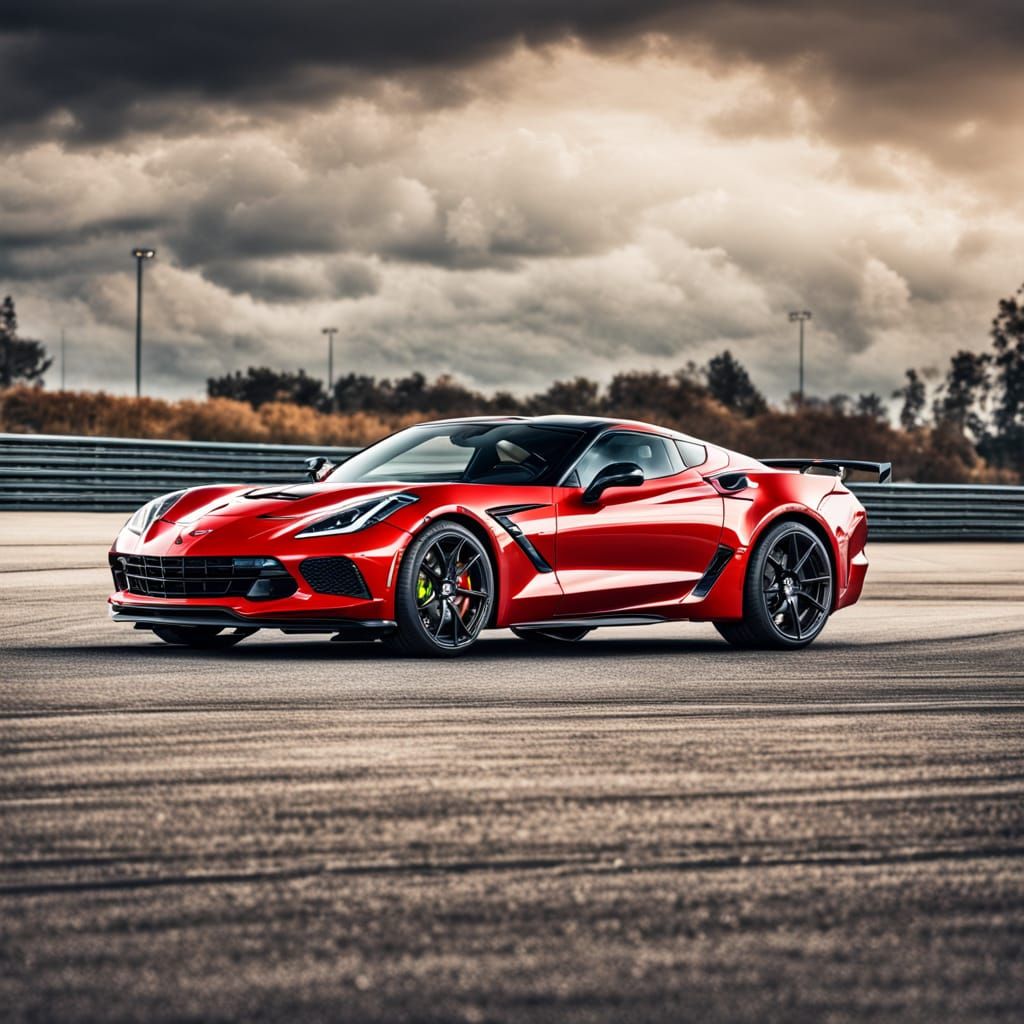 Red Corvette on Racetrack in Hyperrealistic Style