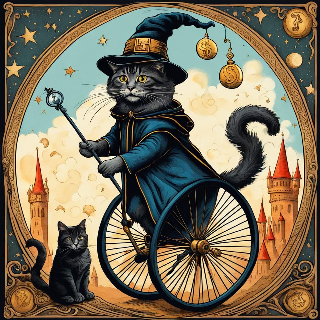 Wizard Cat on Penny Farthing: Surreal Tarot Card