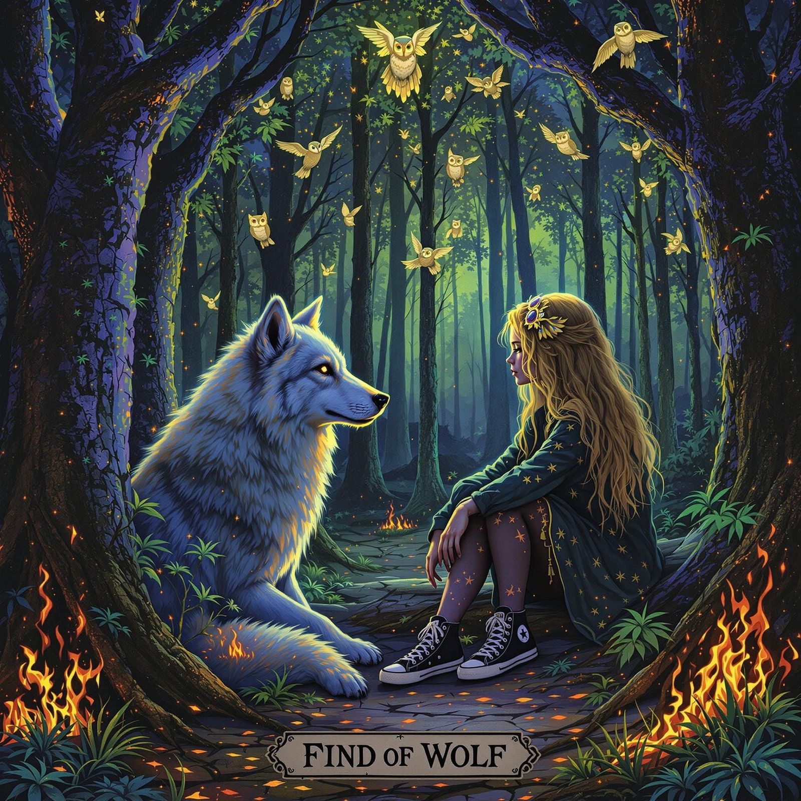Ethereal Girl Finds Solace in Forest with Wolf Companion