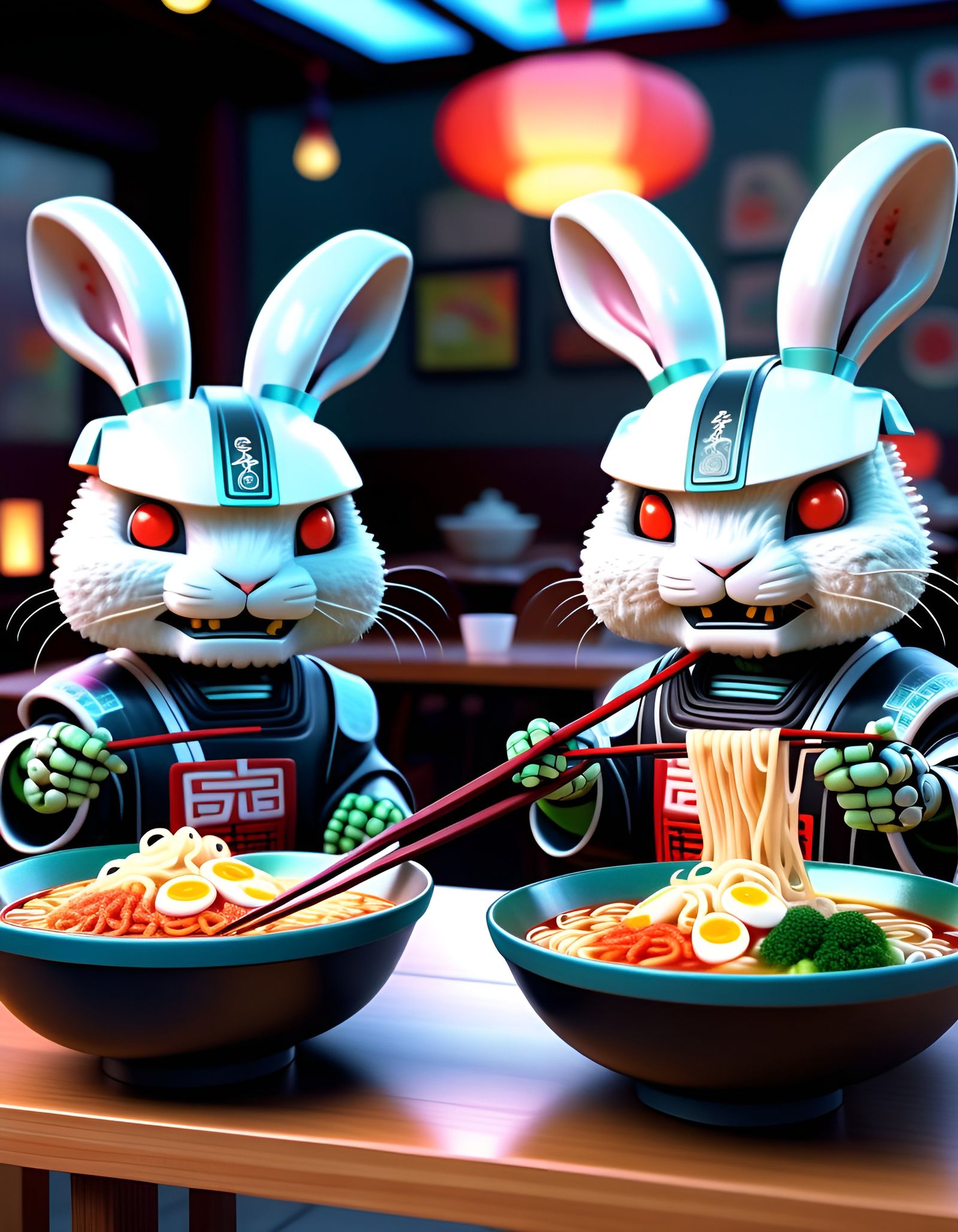 Robot Zombie Rabbits Eat Ramen: Hyperrealistic Sci-Fi