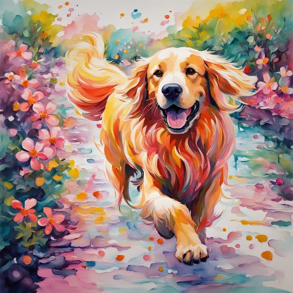 Joyful Golden Retriever in Vibrant Spring Landscape