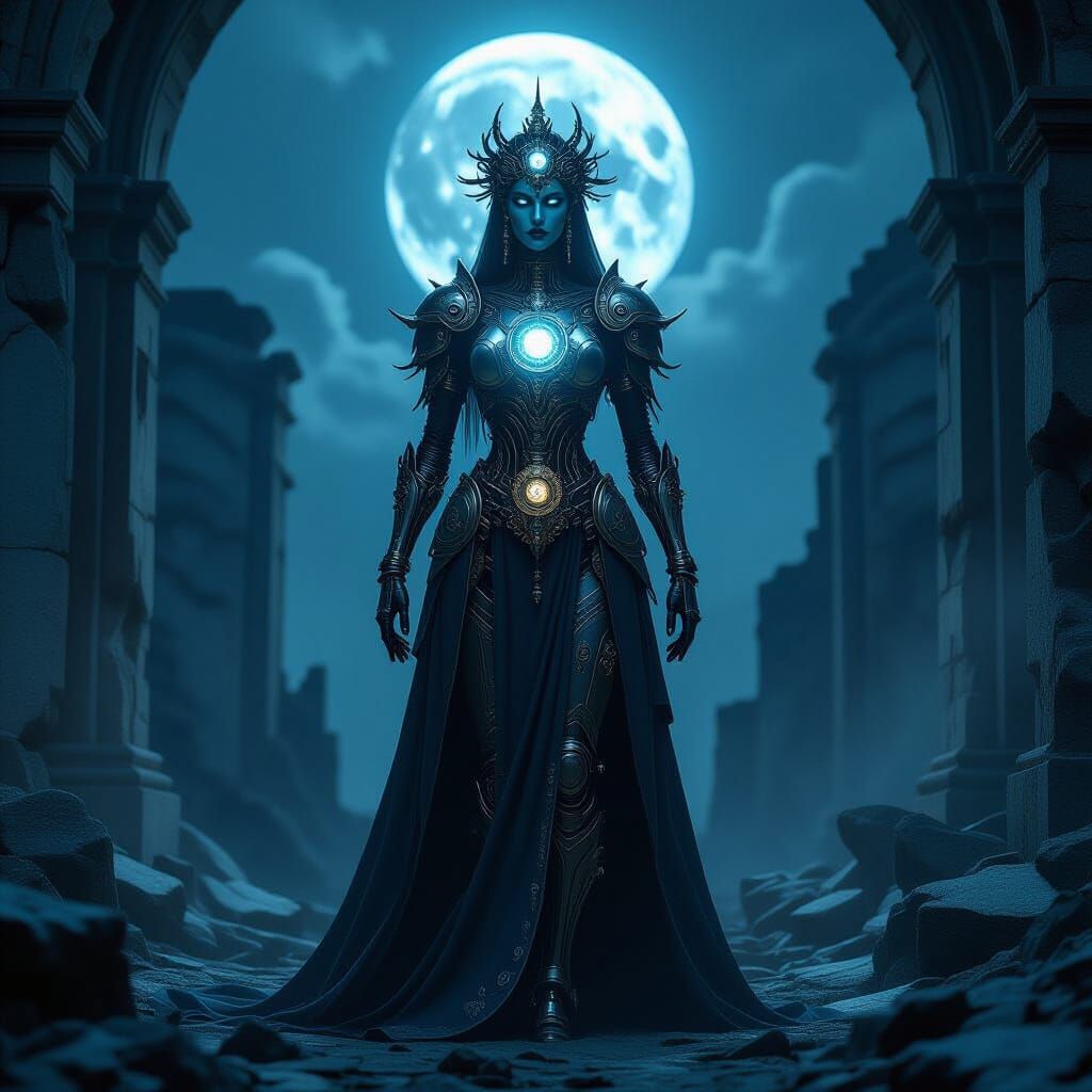 Regal Automaton Goddess in Moonlit Ruin
