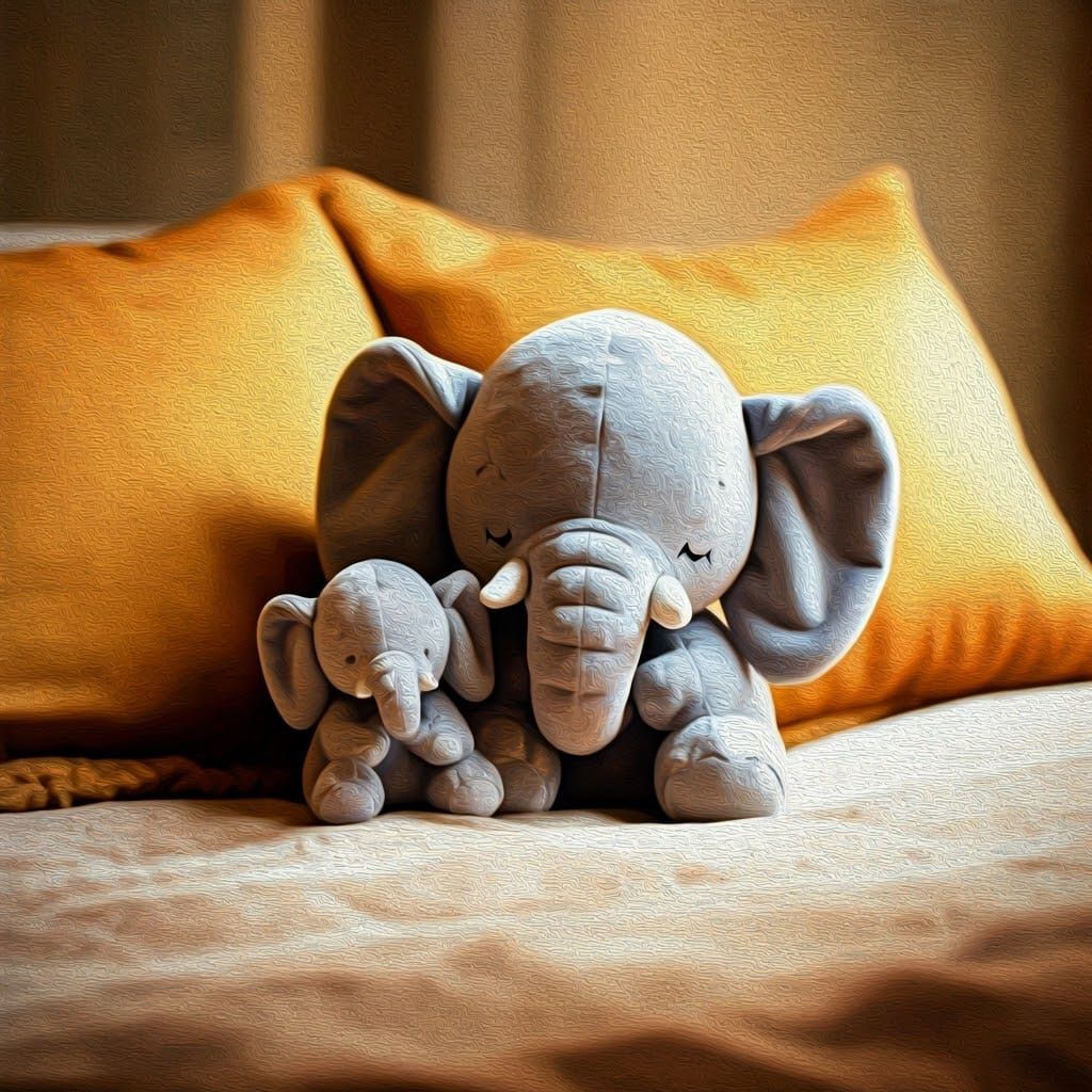 Snuggled Plush Elephant in Warm, Golden Light, Gouache Style