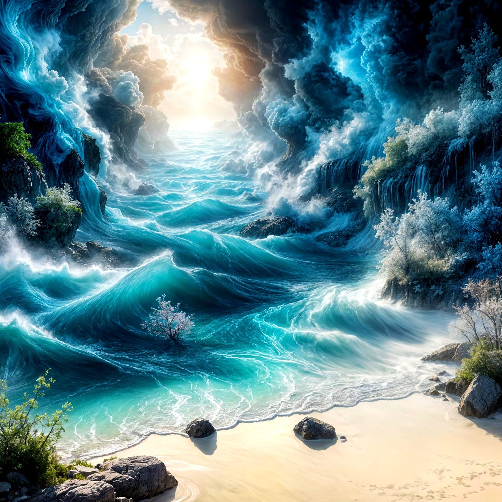 Stunning Teal River Oasis in a Fantastical Stormy Landscape