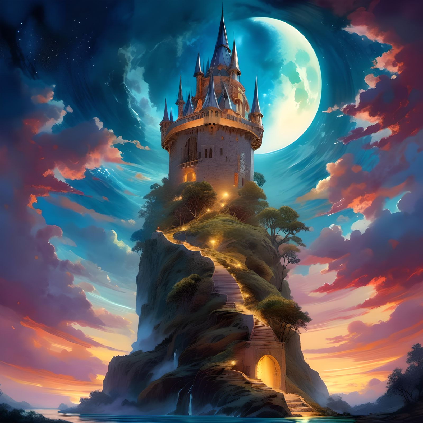 Magical Wizard's Tower in Watercolor Fantasy Landscape