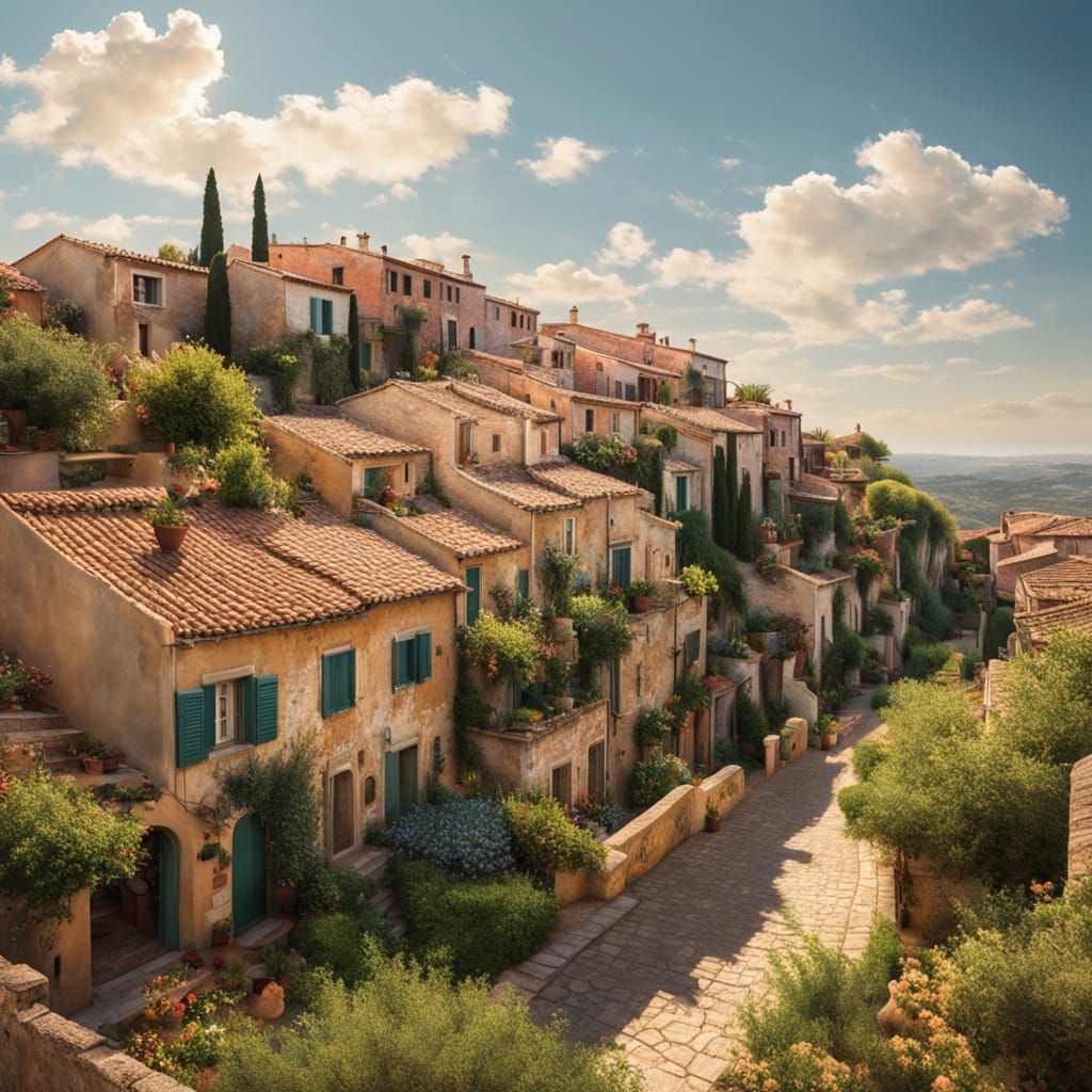 Impressionist Village Scene Under a Bright Blue Sky