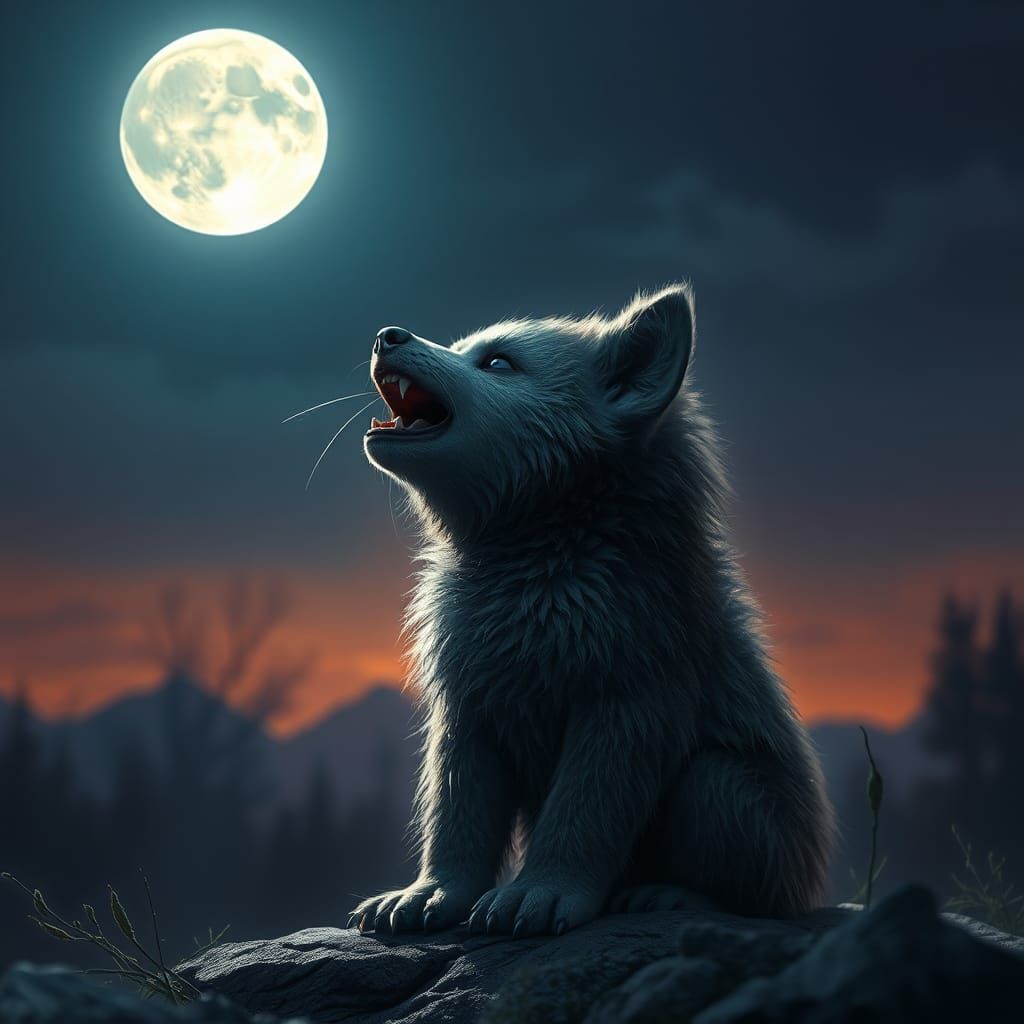 Baby Werewolf's First Howl: Dark Fantasy Art