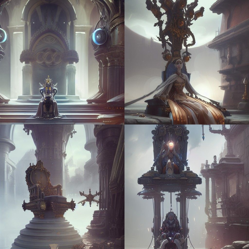 Mechanical Goddess Queen on Royal Chair in 3D