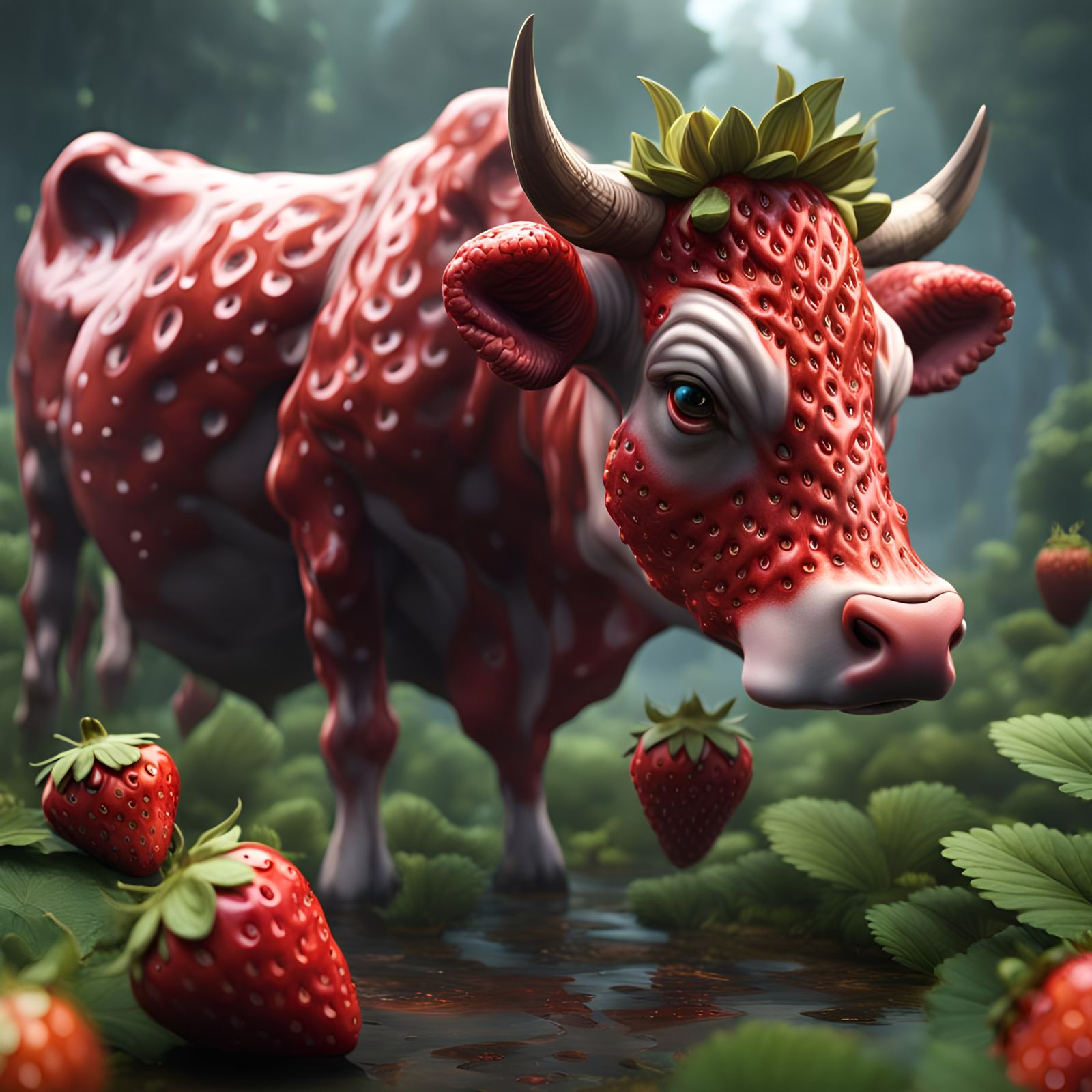 Fantastical Strawberry Cow: Detailed Matte Painting