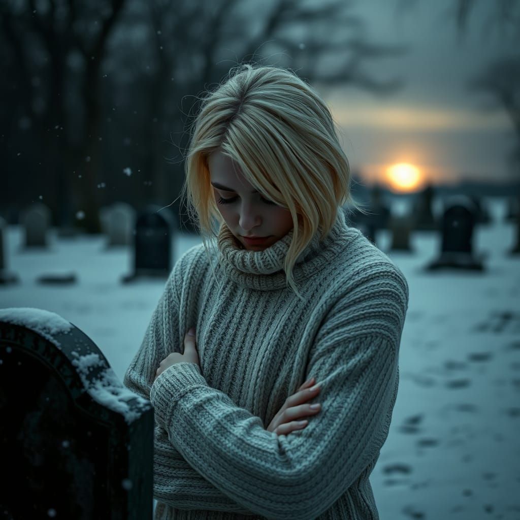 Melancholic Woman in Winter Graveyard Scene