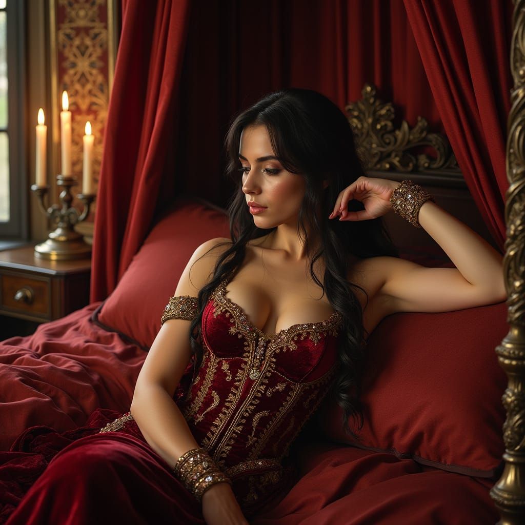 Lara Croft as Renaissance-Era Courtesan in Lavish Velvet Gow...