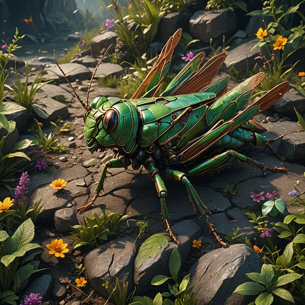 Detailed Grasshopper Matte Painting in Deep Color