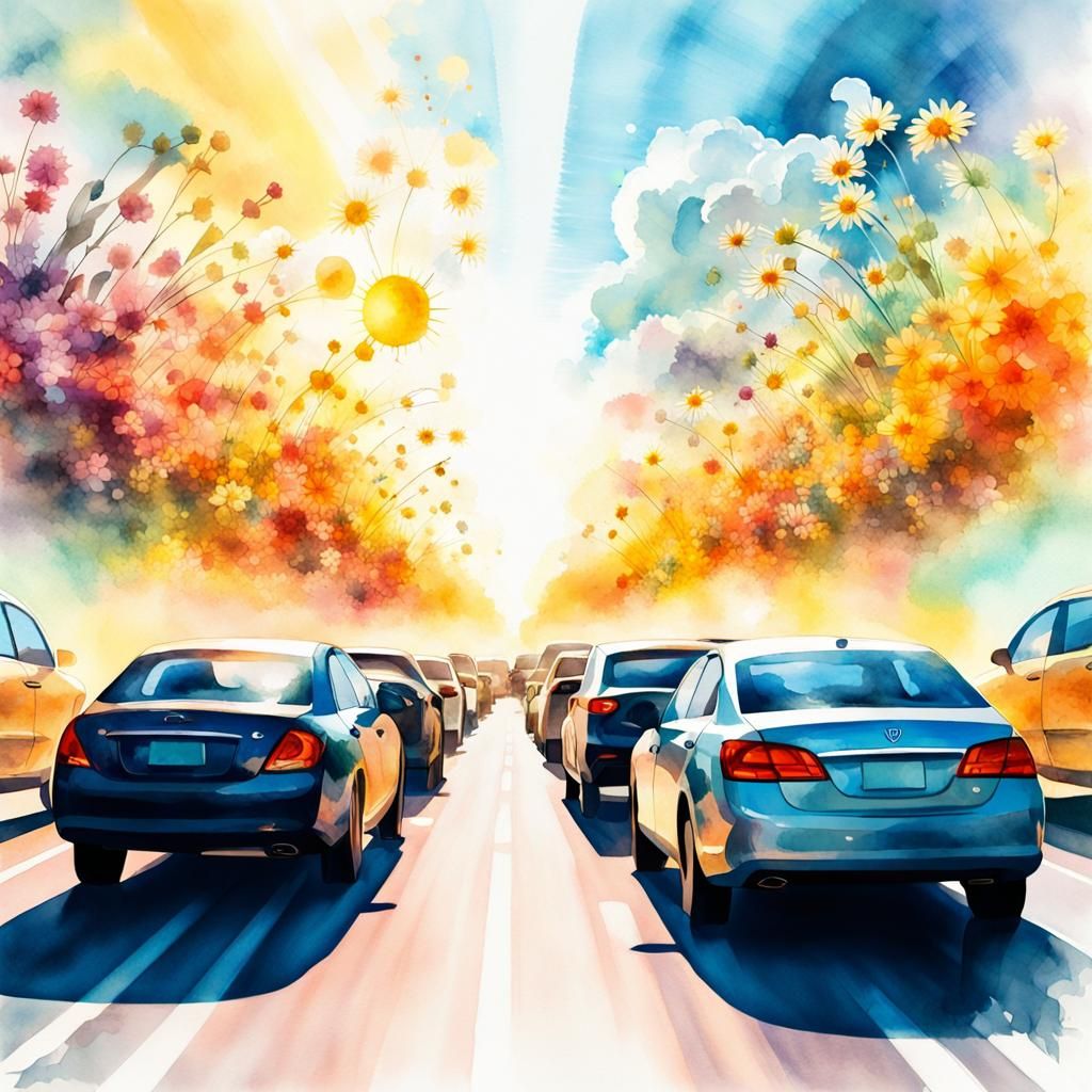 Traffic Jam Double Exposure Watercolor Painting