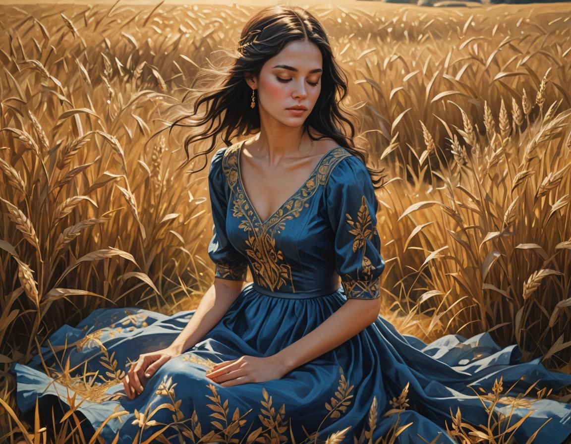 Woman in Golden Field: Romantic Oil Painting