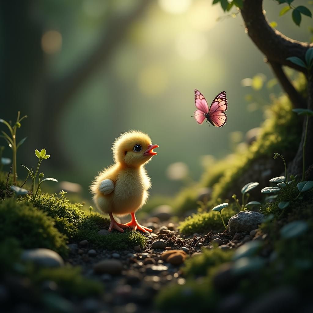 Enchanted Chick in Mystical Forest Undergrowth