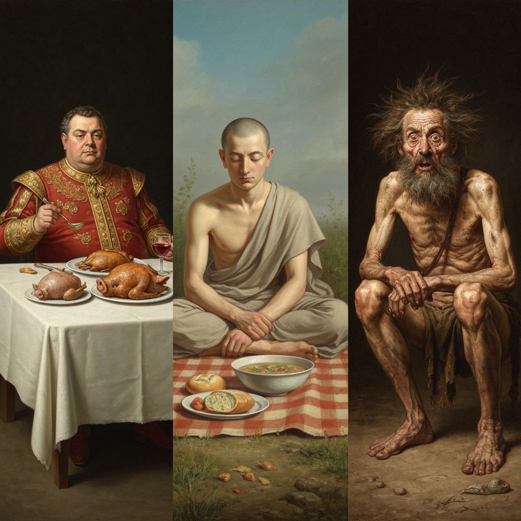 Three Men Illustrate Paths of Excess, Moderation, and Asceti...