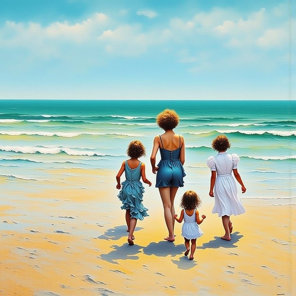 Family Summer Fun at the Beach in Painterly Style