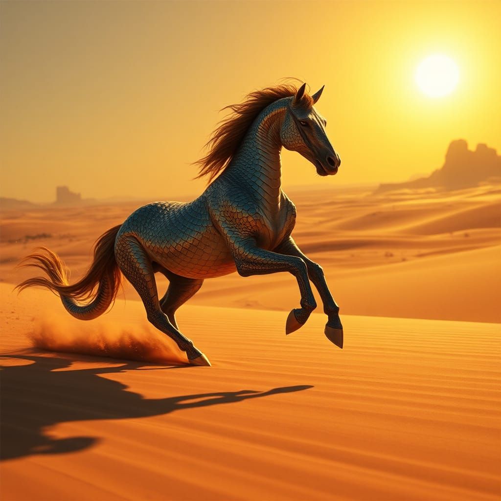 Surreal Serpent Stallion Galloping Across Desert Landscape