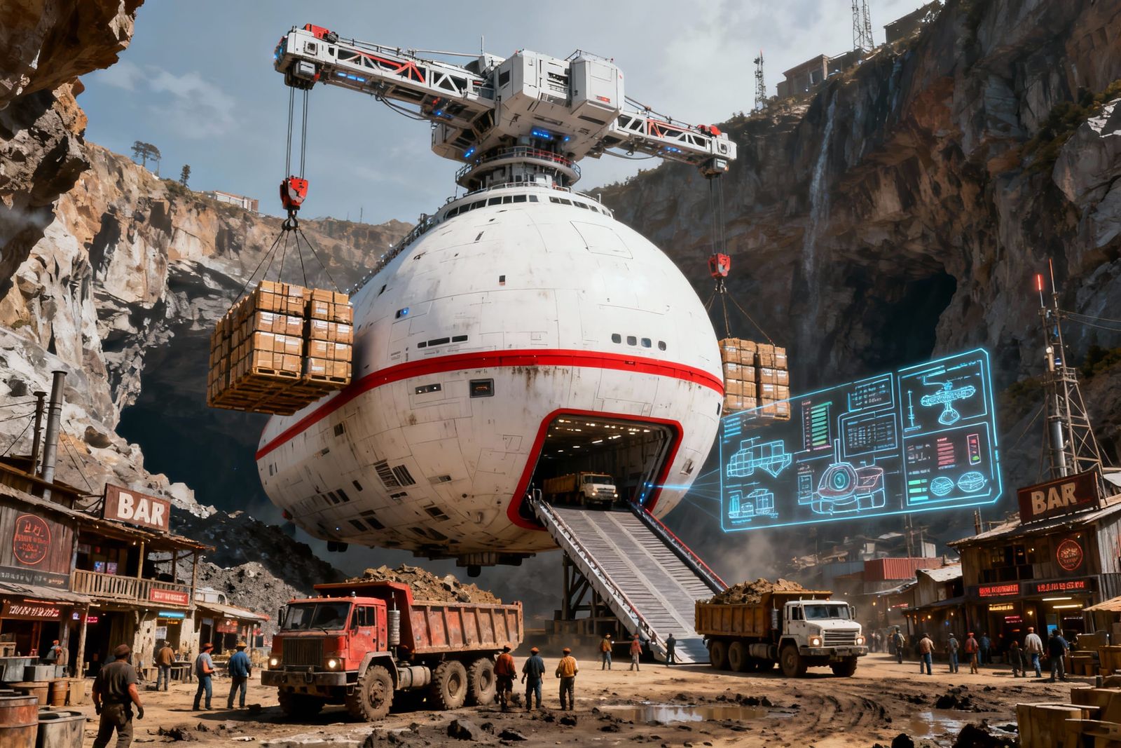 Gigantic Cargo Ship Unloads at Rugged Mining Outpost