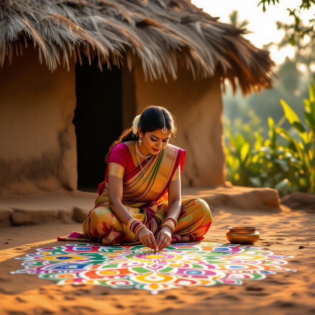 Woman Creates Vibrant Rangoli Before Rustic Hut in Golden Ho...