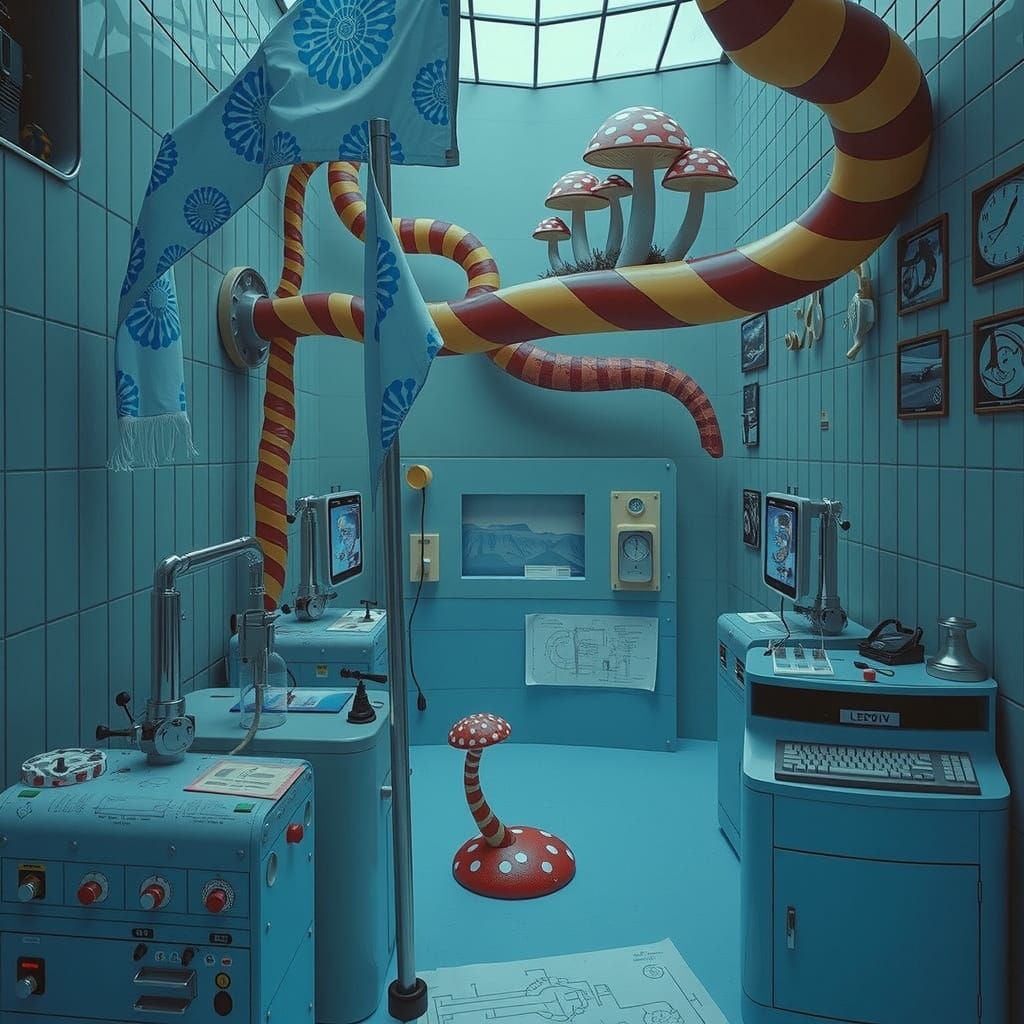 Whimsical Futuristic Mushroom Flags and Retro Business Machi...