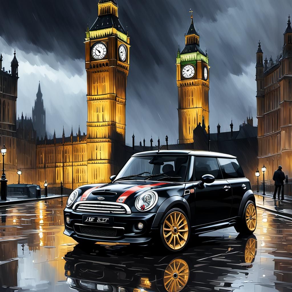 Mini Cooper S R53, jet-black, parked on the rain-slicked str...