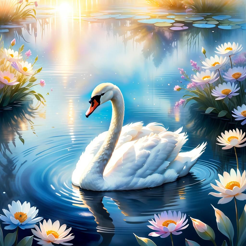 Whimsical Watercolor Swan in a Serene Blue Pond