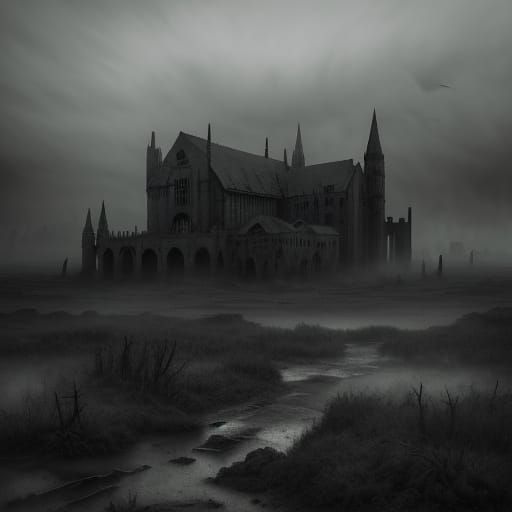 Grim Dark Ruined City Landscape in Gothic Etching Style